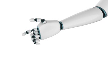 Cyborg elleri beyaz arka planda izole edilmiş. Robot el uzatıyor. 3D görüntüleme. Cyborg kolu işaret parmağını gösteriyor.