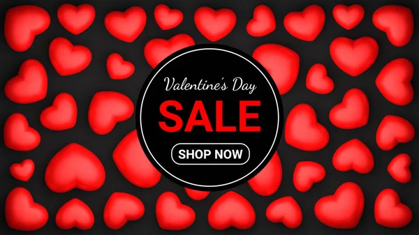 Valentines Day sale banner. Valentines day sale background with red hearts  on black. 3D-rendering.