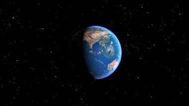 Dünya gezegeni. Dünya gezegeni uzay görüşü. Uzay 'dan Dünya Küresi bir yıldız tarlasında arazi ve bulutları gösteriyor. 3d oluşturma