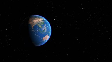 Dünya gezegeni. Dünya gezegeni uzay görüşü. Uzay 'dan Dünya Küresi bir yıldız tarlasında arazi ve bulutları gösteriyor. 3d oluşturma