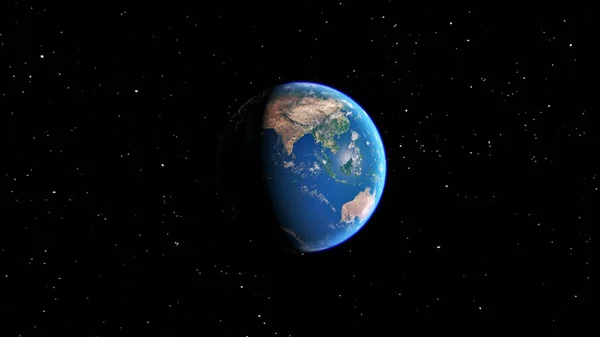 Dünya gezegeni. Dünya gezegeni uzay görüşü. Uzay 'dan Dünya Küresi bir yıldız tarlasında arazi ve bulutları gösteriyor. 3d oluşturma