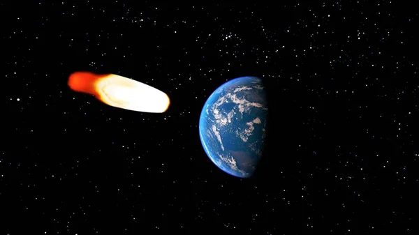 Meteorite falls on Earth planet. Collision of an asteroid with the Earth. Asteroid impact, end of world, judgment day. Comet near by Earth planet. 3D-rendering