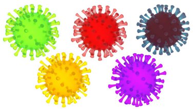Coronavirus beyaz arka planda izole edildi. 3D görüntüleme. Farklı renkler.
