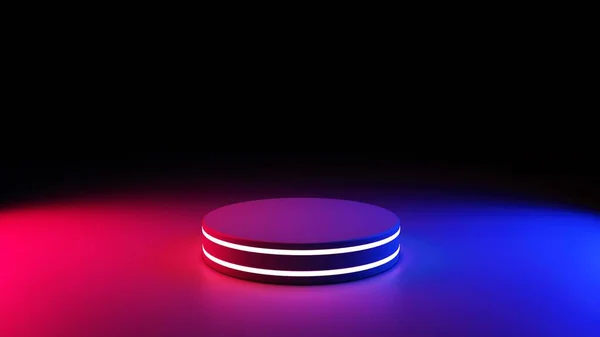 Neon sahne veya podyum. Mavi ve kırmızı ışıklı platform. 3 Boyutlu Hazırlama.