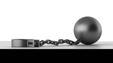 Prangası açık bir top ve zincir. Beyaz arka planda izole edilmiş. 3 Boyutlu Hazırlama.