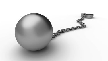 Prangası açık bir top ve zincir. Beyaz arka planda izole edilmiş. 3 Boyutlu Hazırlama.