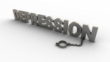 Beyaz arka planda zincirlenmiş ve zincirlenmiş bir depresyon metni. 3 Boyutlu Hazırlama.