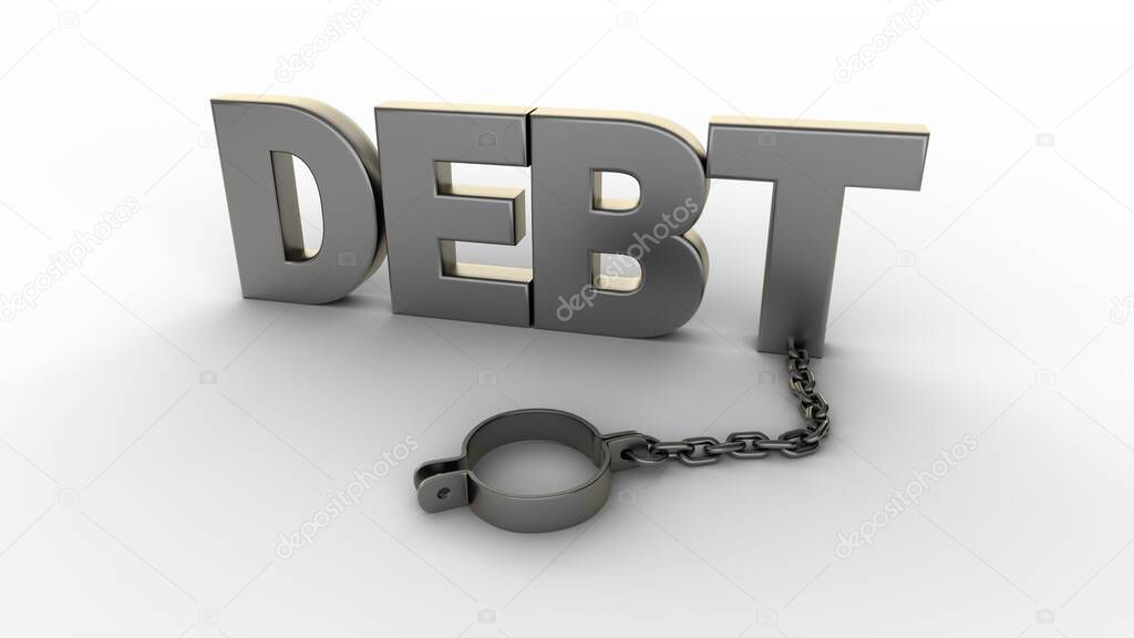 Debt text with chain and shackles isolated on a white background. 3D-rendering.