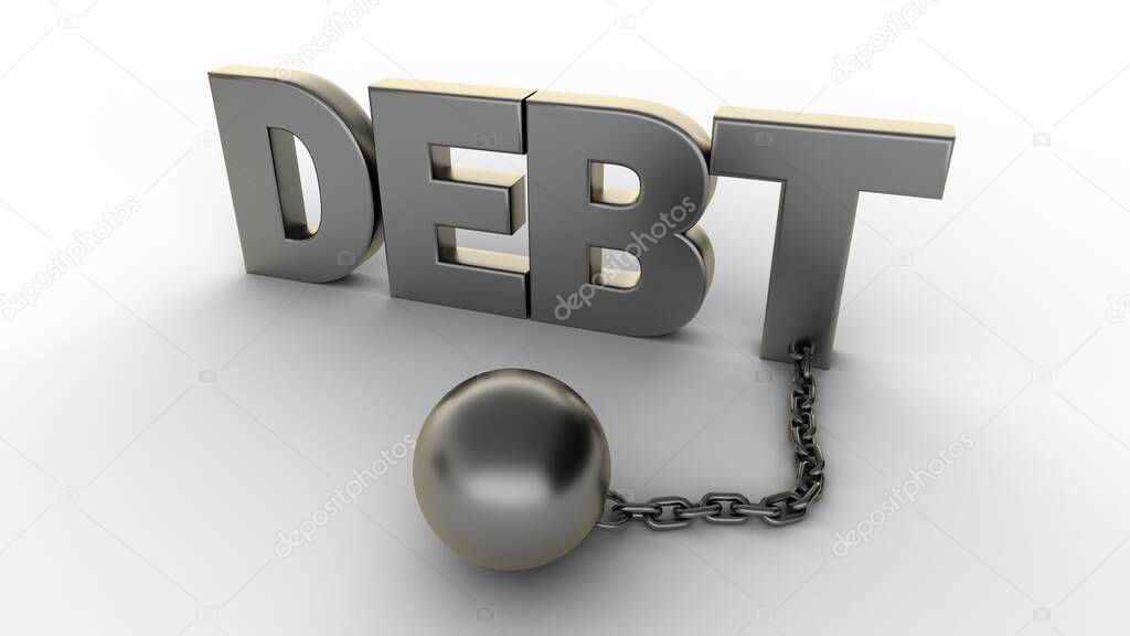 Debt text with chain and weight isolated on a white background. 3D-rendering.