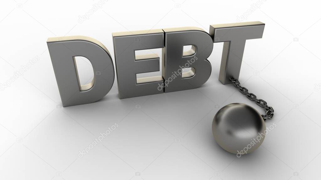 Debt text with chain and weight isolated on a white background. 3D-rendering.