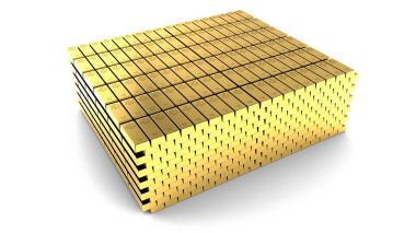 Altın külçelerden bir dağ. 3 boyutlu canlandırma. Beyazda izole edilmiş.