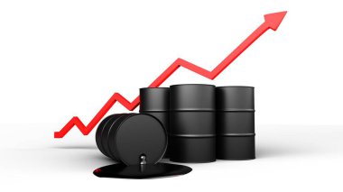 Petrol fiyatları düşüyor. Siyah fıçılar ve üzerinde soru işareti olan kırmızı ok. 3 Boyutlu Hazırlama.