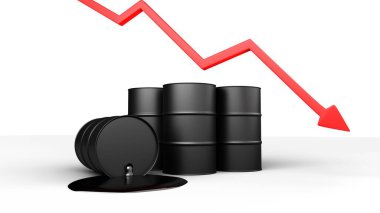 Petrol fiyatları düşüyor. Siyah fıçılar ve üzerinde soru işareti olan kırmızı ok. 3 Boyutlu Hazırlama.