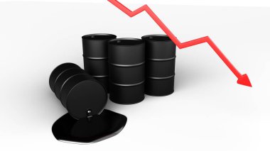 Petrol fiyatları düşüyor. Siyah fıçılar ve üzerinde soru işareti olan kırmızı ok. 3 Boyutlu Hazırlama.