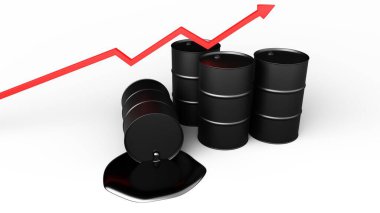 Petrol fiyatları düşüyor. Siyah fıçılar ve üzerinde soru işareti olan kırmızı ok. 3 Boyutlu Hazırlama.