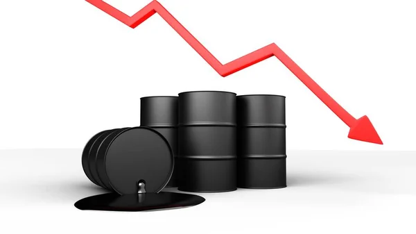 油价下跌 黑色枪管 红色箭头 有问号 3D渲染 — 图库照片