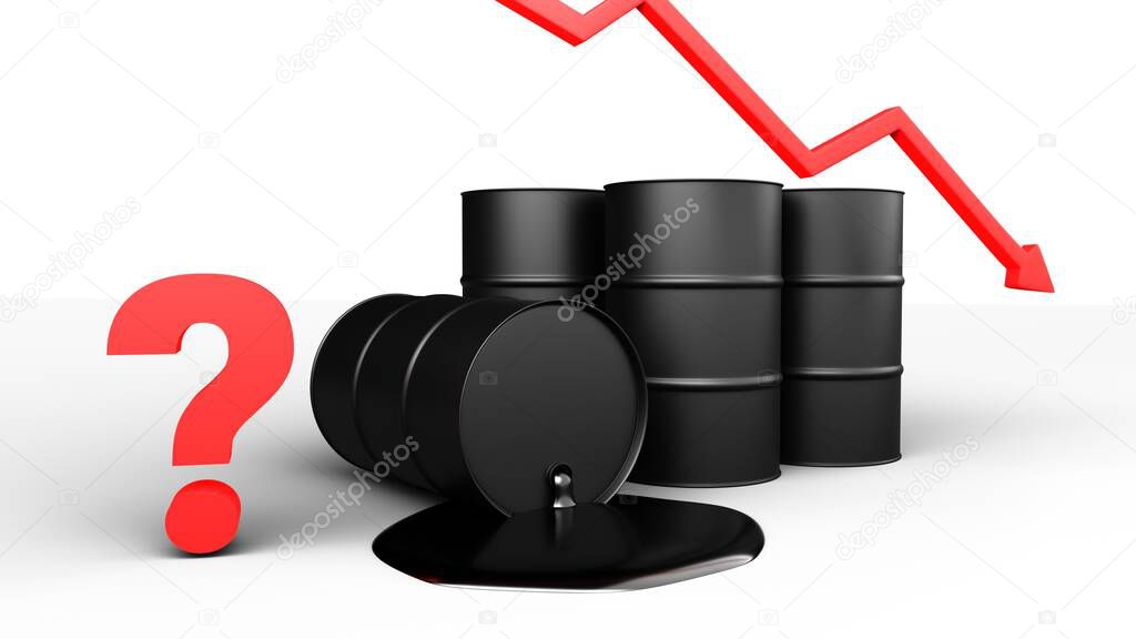 Oil Prices Dropping. Black barrels and red arrow with a question mark. 3D-rendering.