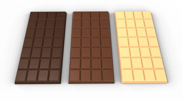 Types Chocolat Barres Chocolat Noir Lait Blanc Rendu — Photo