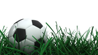 Çimlerin üzerinde futbol topu. Beyazda izole edilmiş. 3 Boyutlu Hazırlama.