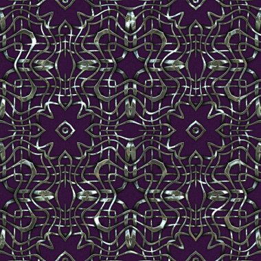 Renkli kumaş arka planında moda tarzında gümüş örgü süsü olan lüks, kusursuz bir şablon. Duvar kağıtları ve tekstil baskısı için tasarım. Lüks, ışıl ışıl metalimsi fantezi dokusu