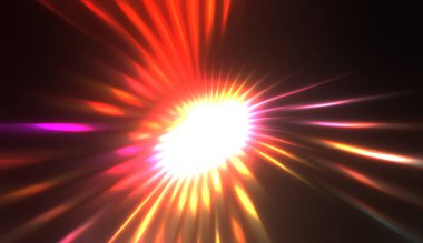 Muhteşem bir ışık gösterisi. Parlayan ışık ışınlarıyla renkli ve canlı parçacık patlaması. Çok renkli yıldız patlaması.