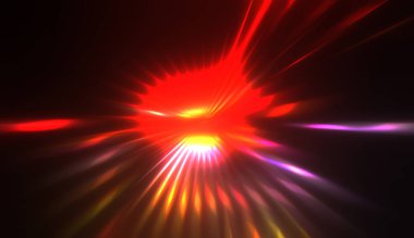 Muhteşem bir ışık gösterisi. Parlayan ışık ışınlarıyla renkli ve canlı parçacık patlaması. Çok renkli yıldız patlaması.