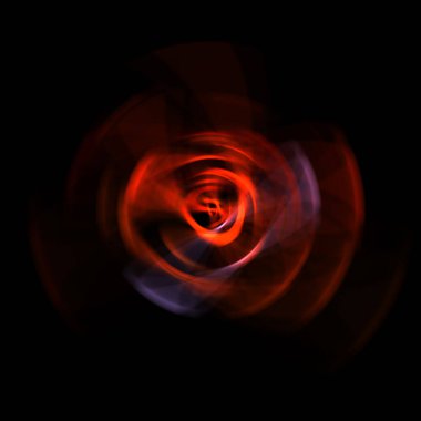 Siyah arka planda izole edilmiş dönen ışık ışınları. Dairesel hareketle parlayan renkli ışık parçacıklarının grafiksel 2d çizimi.