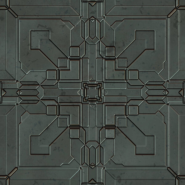 Seamless SciFi Panels. Futuristic texture. Spaceship hull geometric pattern. 3d illustration. Technology concept.
