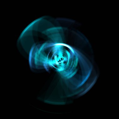 Siyah arka planda izole edilmiş dönen ışık ışınları. Dairesel hareketle parlayan renkli ışık parçacıklarının grafiksel 2d çizimi.