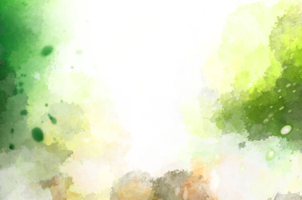 Watercolor painted background with blots and splatters. Brush stroked painting. 2D Illustration.