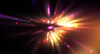 Dinamik hareket eden ışık patlaması. Renkli ışıkların güzel parlak arka planı. Parlayan ışık ışınları ve parçacıkları olan bir yıldızın enerji gösterimi.