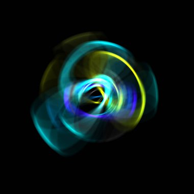 Siyah arka planda izole edilmiş dönen ışık ışınları. Dairesel hareketle parlayan renkli ışık parçacıklarının grafiksel 2d çizimi.