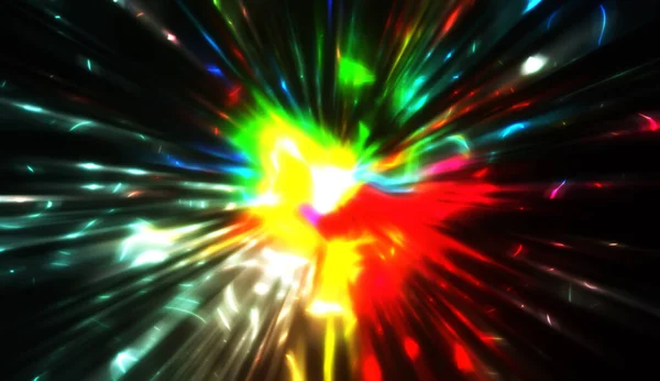 Light Particles Motion Creating Burst Glowing Multicolored Rays Black Background — Stock Photo, Image