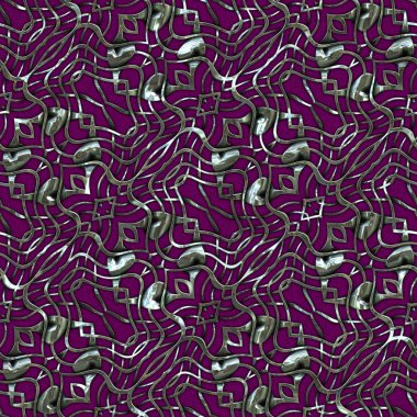 Renkli kumaş arka planında moda tarzında gümüş örgü süsü olan lüks, kusursuz bir şablon. Duvar kağıtları ve tekstil baskısı için tasarım. Lüks, ışıl ışıl metalimsi fantezi dokusu