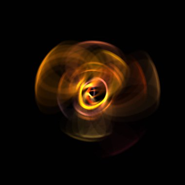 Siyah arka planda izole edilmiş dönen ışık ışınları. Dairesel hareketle parlayan renkli ışık parçacıklarının grafiksel 2d çizimi.