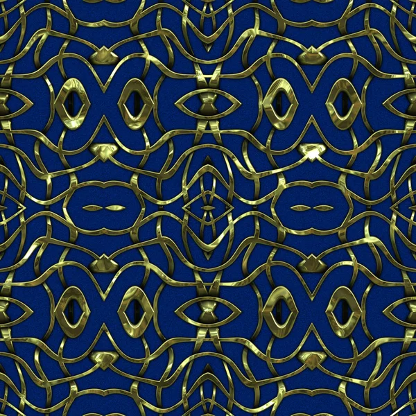 Luxury regal seamless pattern with gold mesh ornament in style of fashion on colorful fabric background. Design for wallpapers and textile print. Luxurious glossy metalwork fantasy texture.