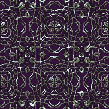 Renkli kumaş arka planında moda tarzında gümüş örgü süsü olan lüks, kusursuz bir şablon. Duvar kağıtları ve tekstil baskısı için tasarım. Lüks, ışıl ışıl metalimsi fantezi dokusu