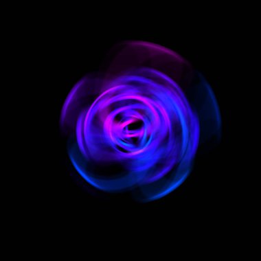 Siyah arka planda izole edilmiş dönen ışık ışınları. Dairesel hareketle parlayan renkli ışık parçacıklarının grafiksel 2d çizimi.