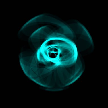 Siyah arka planda izole edilmiş dönen ışık ışınları. Dairesel hareketle parlayan renkli ışık parçacıklarının grafiksel 2d çizimi.