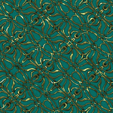 Renkli kumaş arka planında, lüks, kusursuz, altın işlemeli süslemeli moda deseni. Duvar kağıtları ve tekstil baskısı için tasarım. Lüks, ışıl ışıl metalimsi fantezi dokusu.