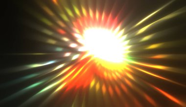 Muhteşem bir ışık gösterisi. Parlayan ışık ışınlarıyla renkli ve canlı parçacık patlaması. Çok renkli yıldız patlaması.