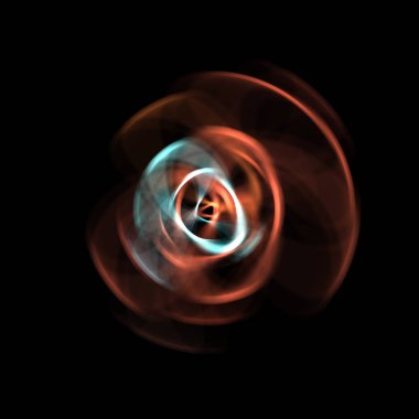 Siyah arka planda izole edilmiş dönen ışık ışınları. Dairesel hareketle parlayan renkli ışık parçacıklarının grafiksel 2d çizimi.