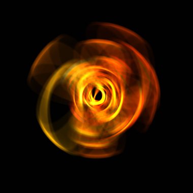 Siyah arka planda izole edilmiş dönen ışık ışınları. Dairesel hareketle parlayan renkli ışık parçacıklarının grafiksel 2d çizimi.