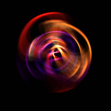 Siyah arka planda izole edilmiş dönen ışık ışınları. Dairesel hareketle parlayan renkli ışık parçacıklarının grafiksel 2d çizimi.