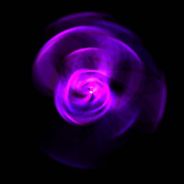 Siyah arka planda izole edilmiş dönen ışık ışınları. Dairesel hareketle parlayan renkli ışık parçacıklarının grafiksel 2d çizimi.