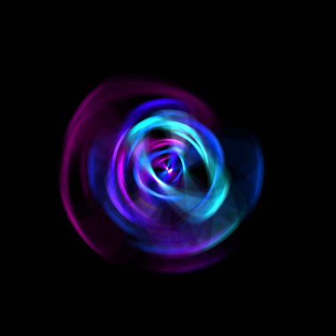 Siyah arka planda izole edilmiş dönen ışık ışınları. Dairesel hareketle parlayan renkli ışık parçacıklarının grafiksel 2d çizimi.
