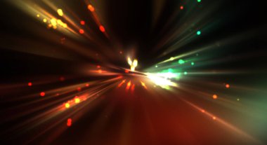 Dinamik hareket eden ışık patlaması. Renkli ışıkların güzel parlak arka planı. Parlayan ışık ışınları ve parçacıkları olan bir yıldızın enerji gösterimi.