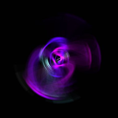 Siyah arka planda izole edilmiş dönen ışık ışınları. Dairesel hareketle parlayan renkli ışık parçacıklarının grafiksel 2d çizimi.