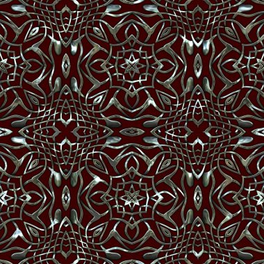 Renkli kumaş arka planında moda tarzında gümüş örgü süsü olan lüks, kusursuz bir şablon. Duvar kağıtları ve tekstil baskısı için tasarım. Lüks, ışıl ışıl metalimsi fantezi dokusu