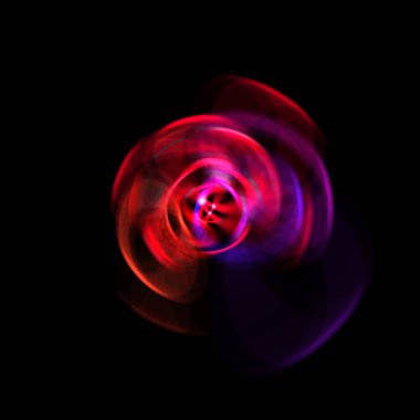 Siyah arka planda izole edilmiş dönen ışık ışınları. Dairesel hareketle parlayan renkli ışık parçacıklarının grafiksel 2d çizimi.